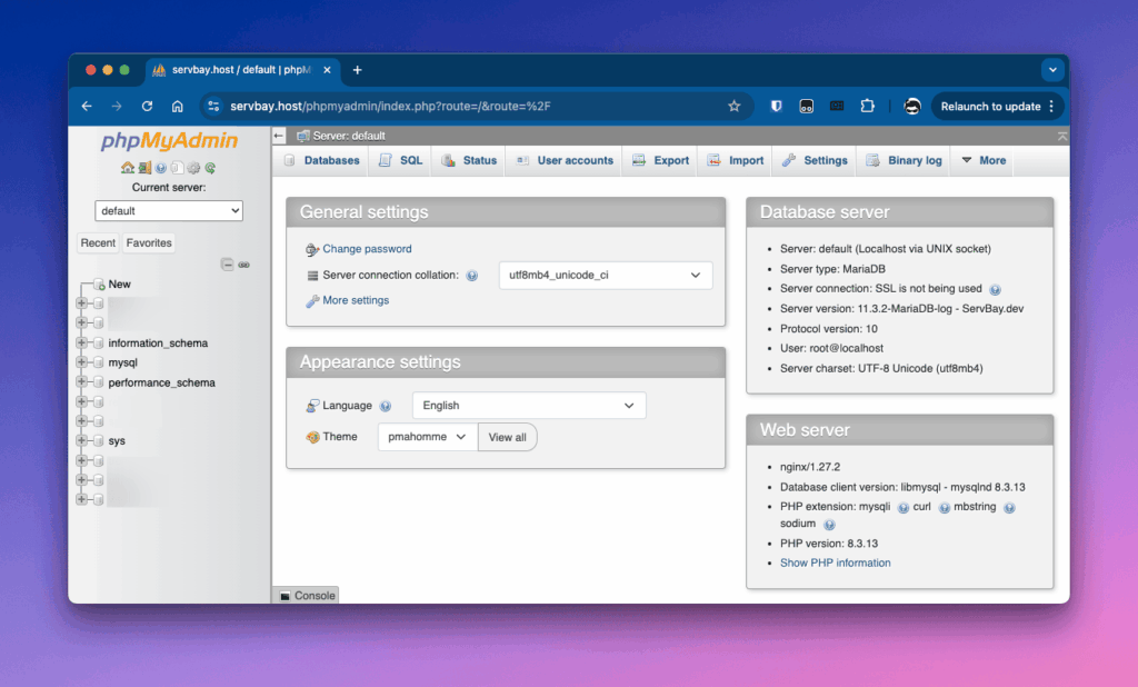 Gestión de bases de datos MySQL/MariaDB con phpMyAdmin en ServBay ...